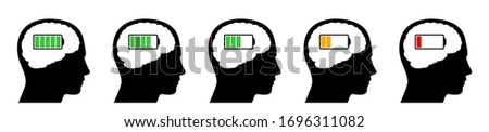 Outline heads with full green, low orange and empty red battery level. Icons with different amount of mental energy. Isolated vector illustration on white background.
