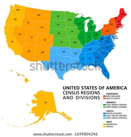 United States, Census regions and divisions, political map. Region definition widely used for data collection and analysis. The most commonly used classification system. English. Illustration. Vector.