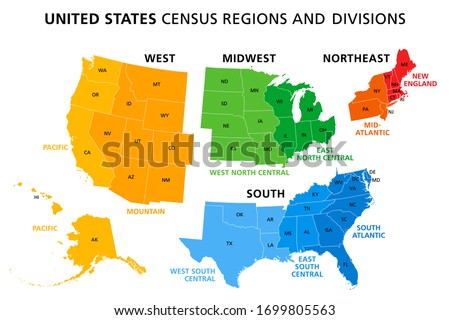Map of United States split into Census regions and divisions. Region definition, widely used for data collection and analysis. Most commonly used classification system. English. Illustration. Vector