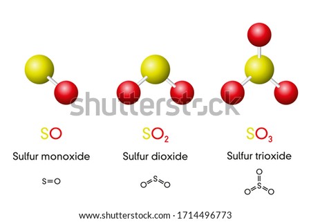 Three sulfur oxides, molecule models and chemical formulas. Sulfur monoxide, dioxide and trioxide, SO, SO2, SO3. Ball-and-stick model, geometric structure and structural formula. Illustration. Vector. Foto stock © 