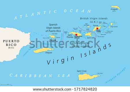 British, Spanish and United States Virgin Islands political map. Archipelago in the Caribbean Sea. British overseas territory and unincorporated territories of the United States. Illustration. Vector.