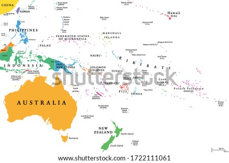 Oceania, single states, political map. Geographic region, southeast of the Asia-Pacific region including Australasia, Melanesia, Micronesia and Polynesia. English. Illustration over white. Vector.