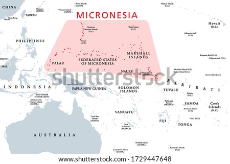 Micronesia, subregion of Oceania, political map. Composed of thousands of small islands in western Pacific Ocean next to Polynesia and Melanesia. English. Illustration on white background. Vector.