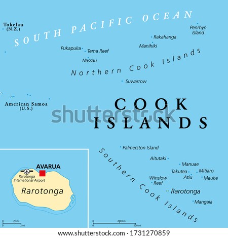 Cook Islands political map with capital Avarua. Self-governing island country in South Pacific Ocean in free association with New Zealand, comprising 15 islands. English labeling. Illustration. Vector