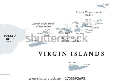 British, Spanish and United States Virgin Islands, gray political map. Archipelago in the Caribbean Sea. British overseas territory and unincorporated territories of the USA. Illustration. Vector.