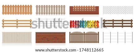 Fences set. Different fences like wooden, garden, electric, picket, pasture, wire fence, wall, barbwire and other railings. Isolated vector illustration on white background.
