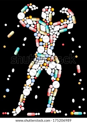 Tablets, pills and capsules, that shape a bodybuilder.