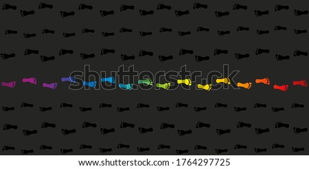 Footmark against the current. Rainbow colored footprints in opposite direction to the crowd. Symbol for courage, individuality, diversity or being an outsider. Vector on gray background.
