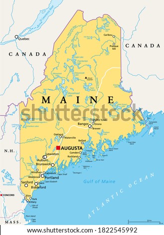 Maine, ME, political map with capital Augusta. Northernmost state in the United States of America, and located in the New England region. The Pine Tree State. Vacationland. Illustration. Vector.