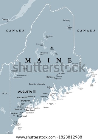Maine, ME, gray political map with capital Augusta. Northernmost state in the United States of America, and located in the New England region. The Pine Tree State. Vacationland. Illustration. Vector.