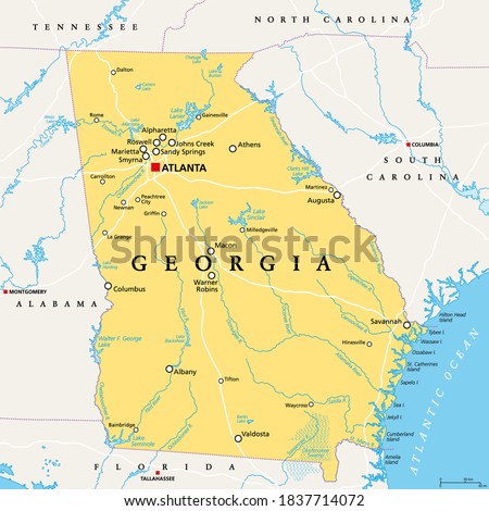 Georgia, GA, political map, with capital Atlanta and largest cities. State in the southeastern region of the United States of America. Peach State. Empire State of the South.  Illustration. Vector.