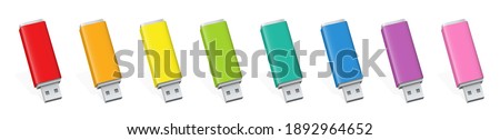 USB memory stick set, colorful pen drives. Red, orange, yellow, green, cyan, blue, pink and purple USB flash drives. Isolated vector illustration on white background.
