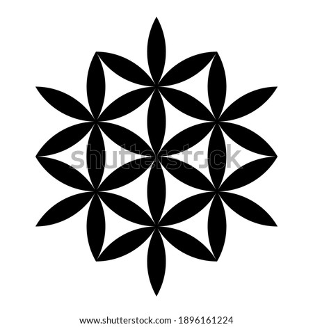 Seven stars, made from vesica piscis lens shapes. Six flower-like stars, with interlocking petals, make a seventh star. This symbol can also be derived from the flower of life. Illustration. Vector.