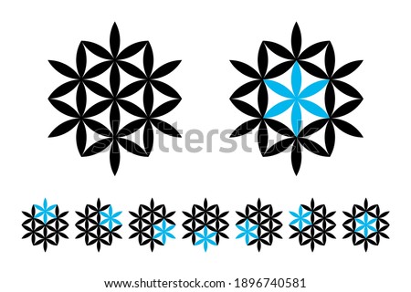 Seven stars, geometrical and optical illusion. Six flower-like stars, made from vesica piscis lens shapes, forming with interlocking petals, a seventh star. Isolated illustration, over white. Vector.