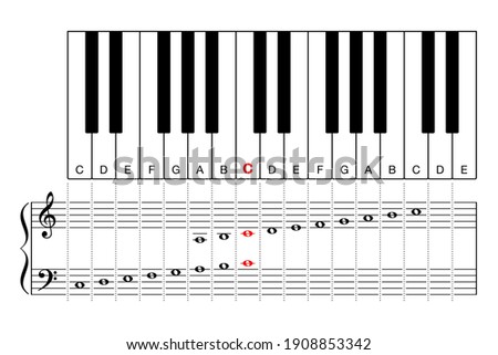 Middle C on a piano keyboard, learning aid and cheat sheet. Diagram of two octave sections, for treble clef and bass clef, on keyboard and grand staff, the Middle C in red color. Illustration. Vector.