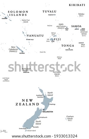 New Zealand and southern Polynesia, gray political map with capitals. Solomon Islands, Vanuatu, Fiji, Tonga, Samoa and New Caledonia. Islands in the South Pacific Ocean. English. Illustration. Vector.