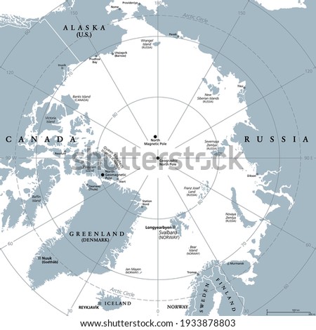 Arctic region, gray political map. Polar region around North Pole of Earth. The Arctic Ocean region, with North Magnetic Pole and North Geomagnetic Pole, longitudes and latitudes. Illustration. Vector
