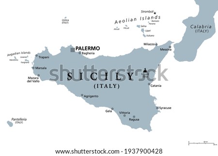 Sicily, autonomous region of Italy, gray political map, with capital Palermo, Aeolian and Aegadian Islands, volcano Etna and important cities. Largest island in Mediterranean Sea. Illustration. Vector