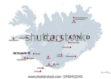 Volcanoes of Iceland that erupted since human settlement, political map. Eighteen volcanoes shown on gray map of Iceland, with glaciers and regions. Isolated illustration on white background. Vector.