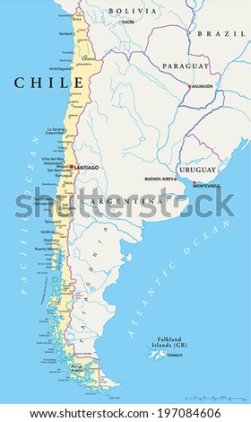 Chile Political Map with capital Santiago, with national borders, most important cities, rivers and lakes. Vector illustration with English labeling and scaling.