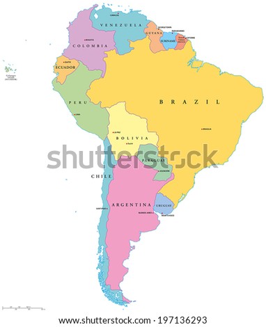 South America Political Map With Single States,Capitals And National ...