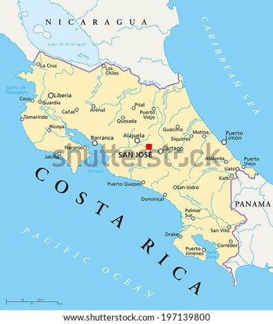 Costa Rica Political Map With Capital San Jose National Borders, Most ...