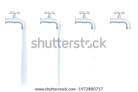 Faucet set - strong and normal water jet, dripping and turned off tab. Isolated vector illustration on white background.

