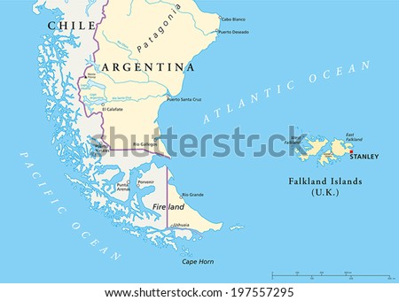Falkland Islands Political Map and part of South America with national borders, most important cities, rivers and lakes. Vector illustration with English labeling and scaling.