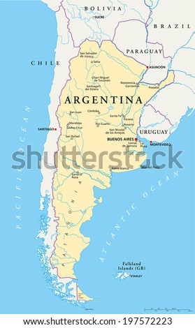 Argentina Political Map with capital Buenos Aires, national borders, most important cities, rivers and lakes. Vector illustration with English labeling and scaling.