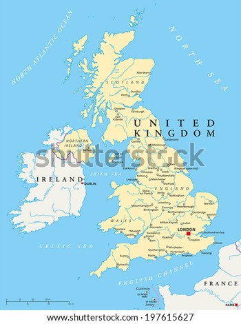 United Kingdom Political Map with capital London, national borders, most important cities, rivers and lakes. Vector illustration with English labeling and scaling.