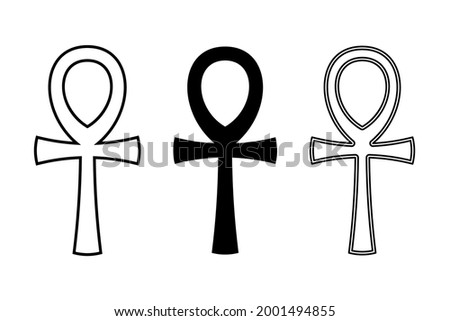 Three ankh symbols. Also called key of life, a cross with handle, an ancient Egyptian hieroglyphic symbol of gods and Pharaohs, representing life. Breath of life, key of the Nile, crux ansata. Vector.