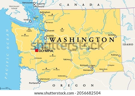 Washington, WA, political map with the capital Olympia. State in the Pacific Northwest region of the Western United States of America. State of Washington, with nickname The Evergreen State. Vector.