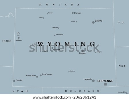 Wyoming, WY, gray political map, with the capital Cheyenne. State in the Mountain West subregion of the Western United States of America, nicknamed Equality State, Cowboy State and Big Wyoming. Vector