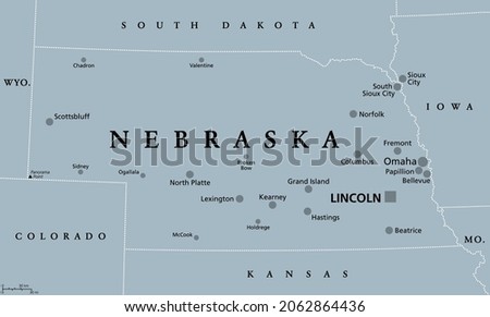 Nebraska, NE, gray political map with the capital Lincoln and largest city Omaha. Triply landlocked State in the Midwestern subregion of the United States of America nicknamed Cornhusker State. Vector