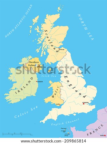 British Isles Map With Capitals, National Borders, Rivers And Lakes ...