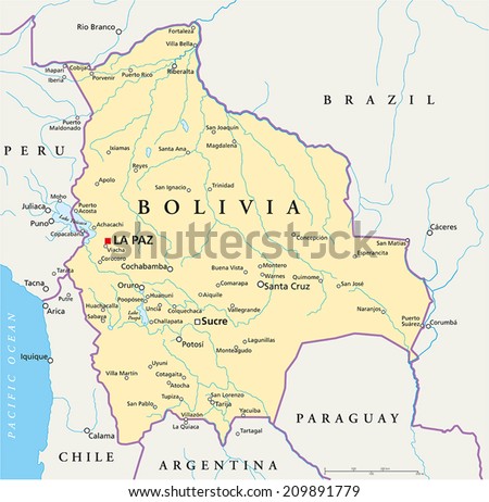 Bolivia Political Map - with capital La Paz, national borders, most important cities, rivers and lakes. Illustration with English labeling and scaling.