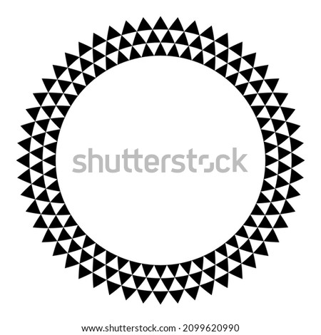 Circle frame with triangle pattern. Three rows of black triangles, creating a round border, with serrated and triangle checkered pattern. Isolated, black and white illustration, on white background.