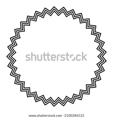 Circle frame with horizontal zigzag lines. Three bold serrated lines forming a multi pointed star figure, and a decorative border. Black and white illustration, isolated, on white background. Vector.