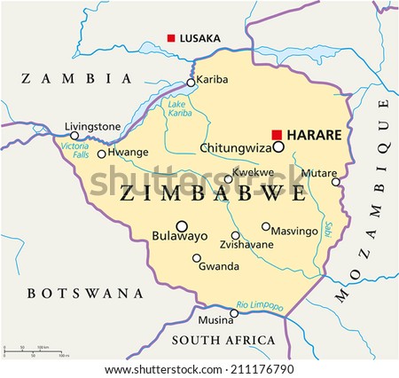 Zimbabwe Political Map with capital Harare, with national borders, most important cities, rivers and lakes. Illustration with English labeling and scaling.