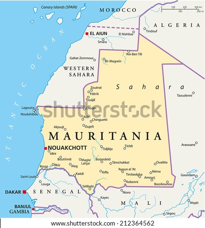 Mauritania Political Map with capital Nouakchott, national borders, most important cities, rivers and lakes. Illustration with labeling and scaling.