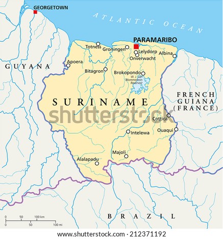 Suriname Political Map with capital Paramaribo, national borders, most important cities, rivers and lakes. Illustration with labeling and scaling.