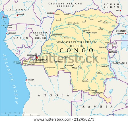 Congo Democratic Republic Political Map with capital Kinshasa, national borders, most important cities, rivers and lakes. Illustration with English labeling and scaling.