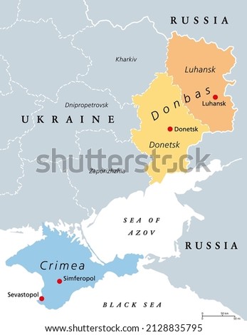 Donbas area and Crimea, Ukraine political map. The disputed areas Crimea peninsula on the coast of Black Sea, and the Donbass region, formed by Luhansk Oblast and Donetsk Oblast. Illustration. Vector. Stock foto © 