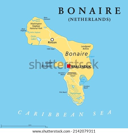 Bonaire, Netherlands, political map. Island in the Leeward Antilles in the Caribbean Sea, with capital Kralendijk. Part of the ABC islands, off the coast of Venezuela, outside Hurricane Alley. Vector