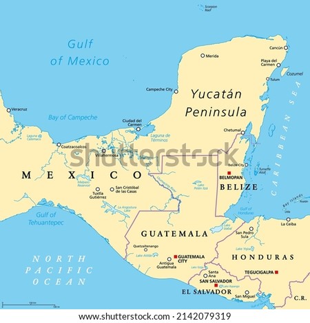 Yucatán Peninsula political map. Large peninsula in southeastern Mexico and adjectants portions of Belize and Guatemala, separating the Gulf of Mexico and Caribbean Sea. With El Salvador and Honduras.