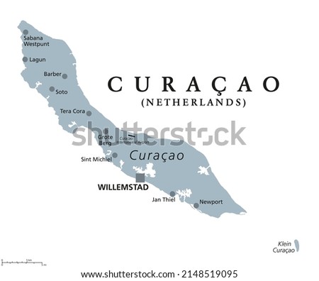 Curacao, gray political map. Island in the Leeward Antilles in the Caribbean Sea with capital Willemstad. Lesser Antilles island country and part of the ABC islands, off the coast of Venezuela. Vector