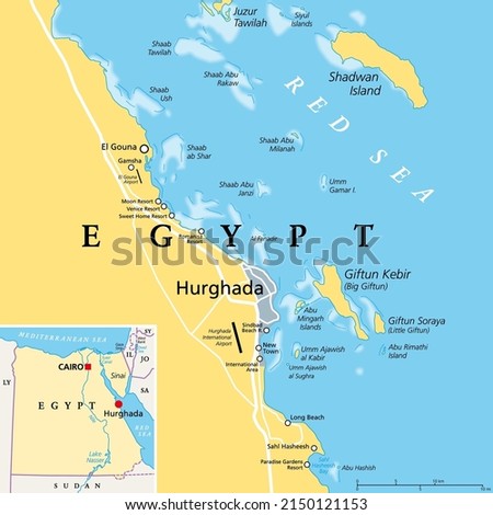 Hurghada and vicinity, Egypt, political map. City and area in the Red Sea Governorate of Egypt, and one of the main tourist centres of the country, located on the Red Sea coast, with numerous resorts.