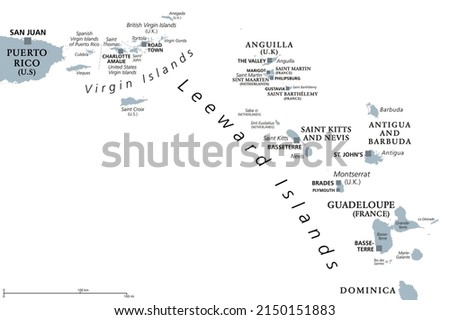 Leeward Islands, gray political map. Part of Lesser Antilles, north of Windward Islands in the Caribbean. Virgin Islands, Anguilla, St Kitts and Nevis, Antigua and Barbuda, Montserrat, and Guadeloupe.