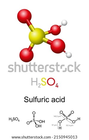 Sulfuric acid, H2SO4, ball-and-stick model, molecular and chemical formula with binding lengths. Known as sulphuric acid, or oil of vitriol in antiquity. Mineral acid and important commodity chemical. Сток-фото © 