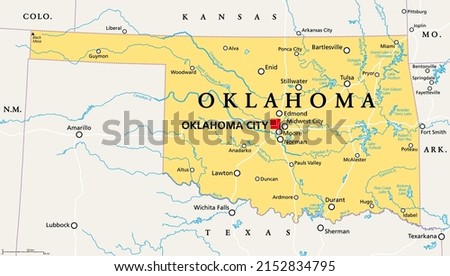 Oklahoma, OK, political map with capital Oklahoma City, important cities, rivers and lakes. US State in the South Central region, nicknamed Native America, Land of the Red Man, or Sooner State. Vector